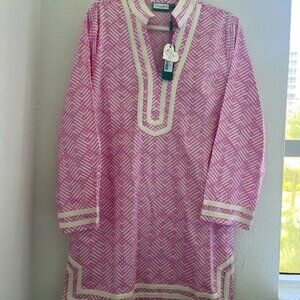 Pink and White Long Sleeve Beach Cover-Up